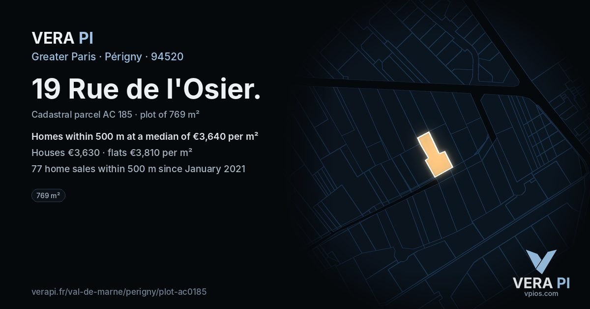 19 Rue de l'Osier, Périgny at night – the plot lit, the parcels around coloured by the prices near them