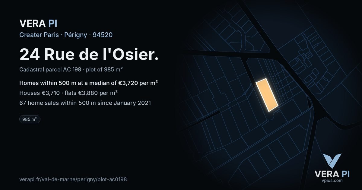 24 Rue de l'Osier, Périgny at night – the plot lit, the parcels around coloured by the prices near them