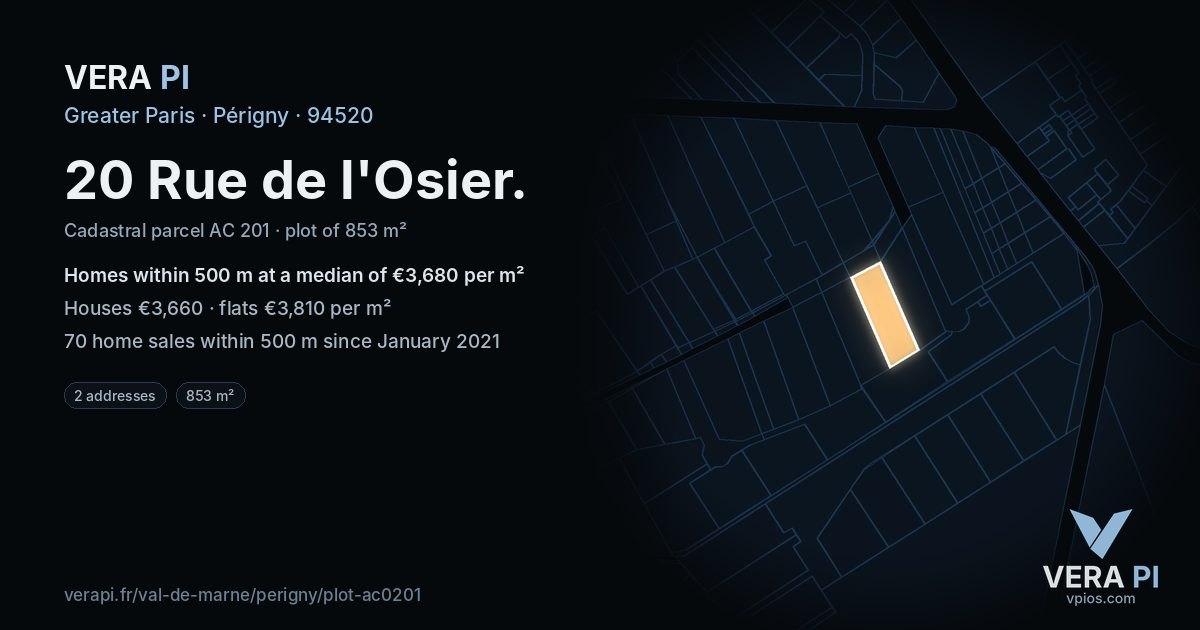 20 Rue de l'Osier, Périgny at night – the plot lit, the parcels around coloured by the prices near them