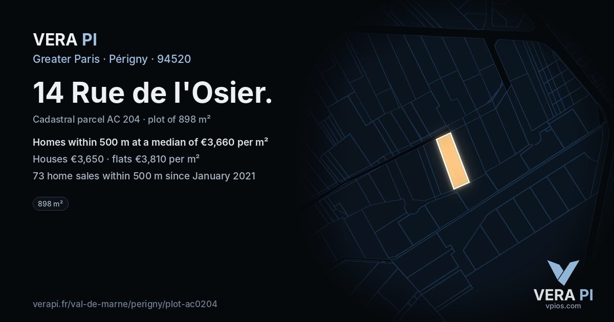 14 Rue de l'Osier, Périgny at night – the plot lit, the parcels around coloured by the prices near them