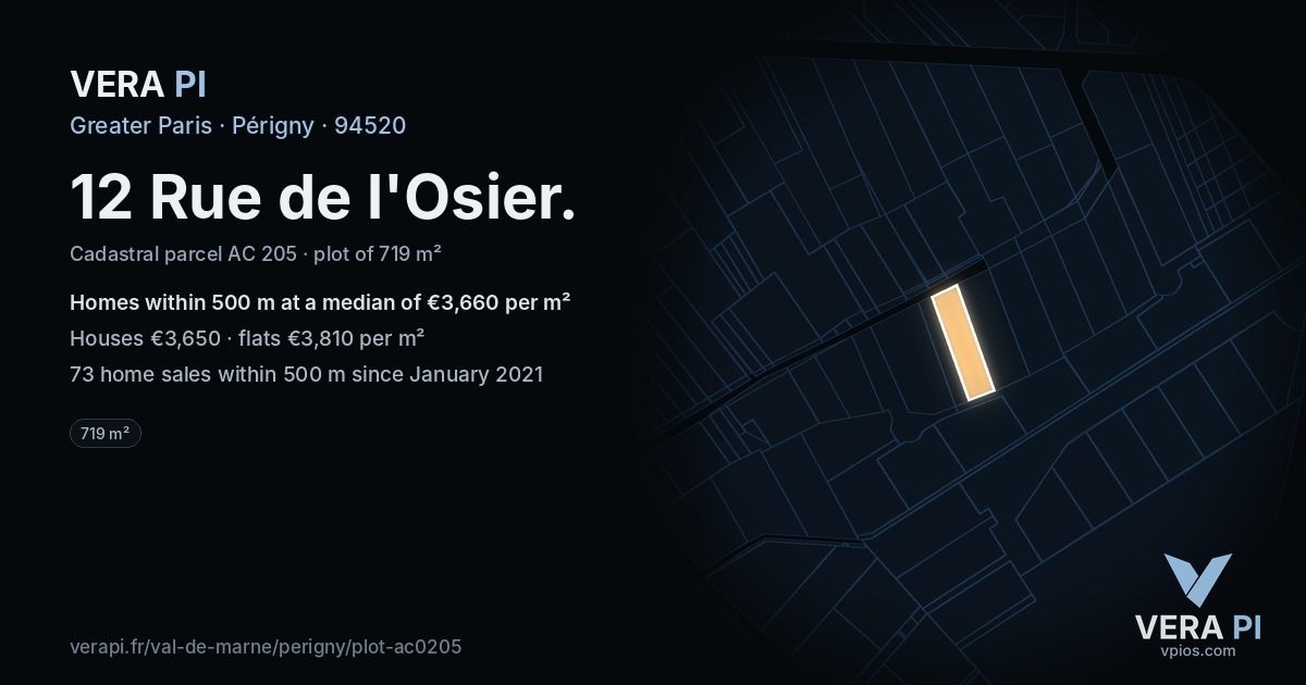 12 Rue de l'Osier, Périgny at night – the plot lit, the parcels around coloured by the prices near them