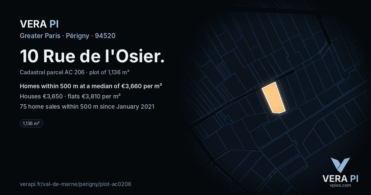 10 Rue de l'Osier, Périgny at night – the plot lit, the parcels around coloured by the prices near them