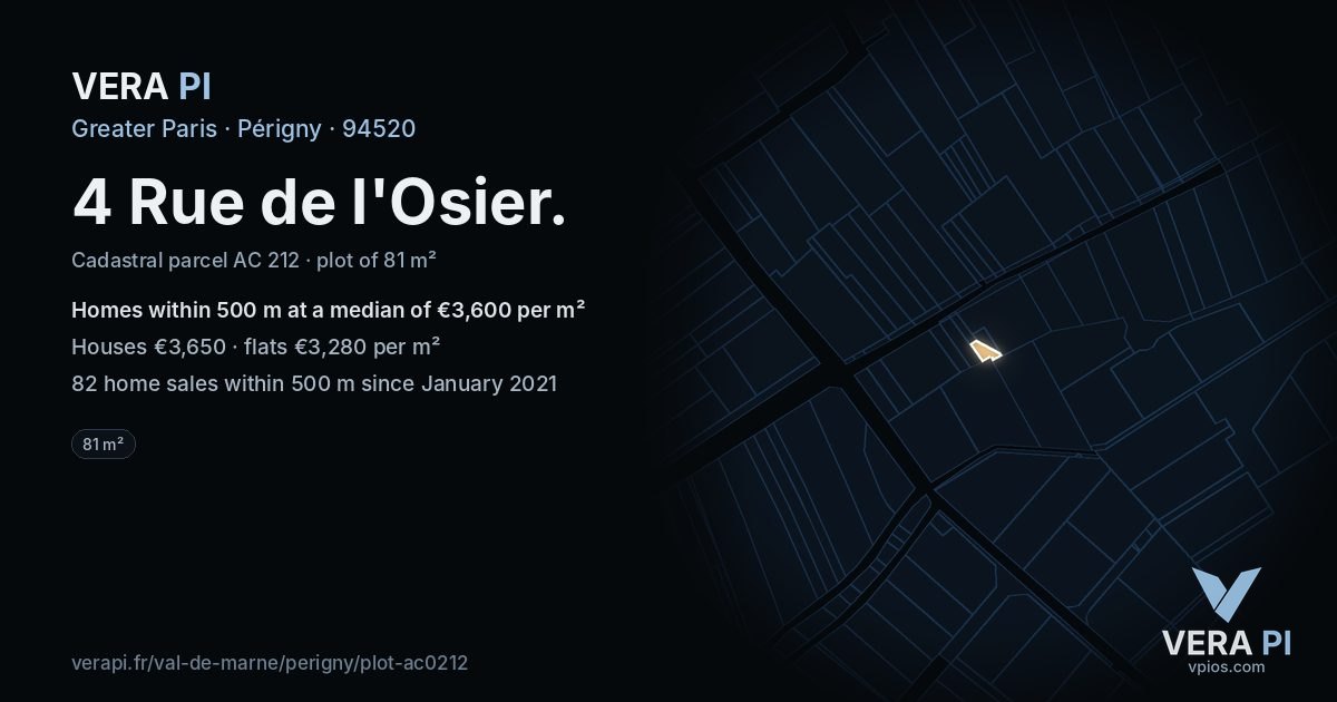 4 Rue de l'Osier, Périgny at night – the plot lit, the parcels around coloured by the prices near them