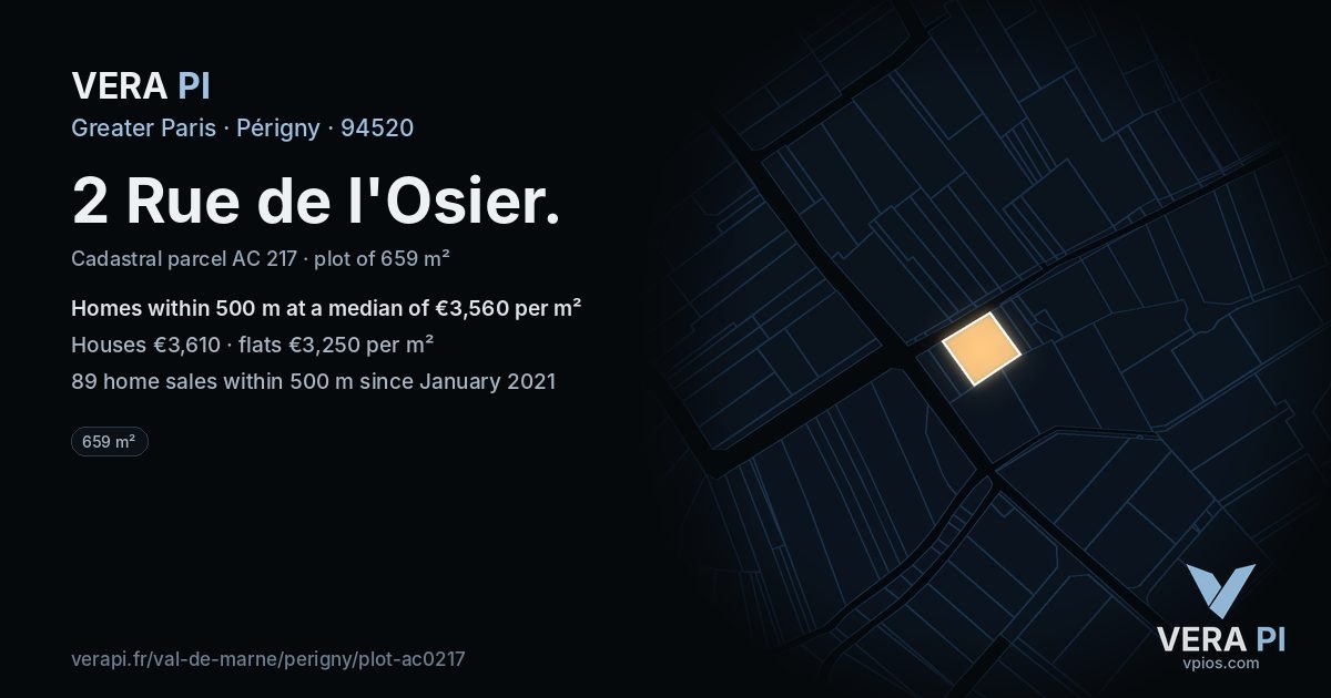 2 Rue de l'Osier, Périgny at night – the plot lit, the parcels around coloured by the prices near them