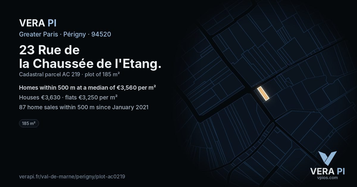 23 Rue de la Chaussée de l'Etang, Périgny at night – the plot lit, the parcels around coloured by the prices near them