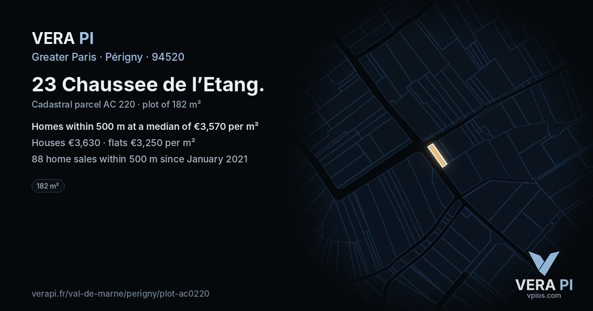 23 Chaussee de l’Etang, Périgny at night – the plot lit, the parcels around coloured by the prices near them