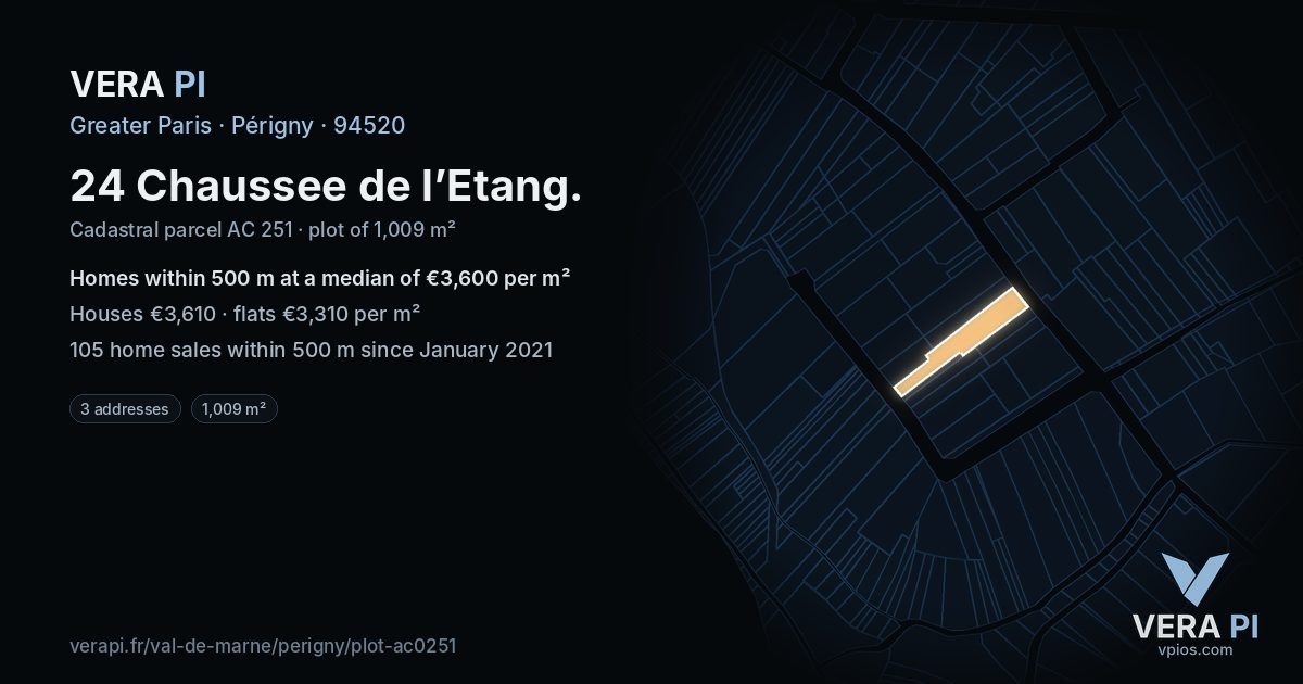 24 Chaussee de l’Etang, Périgny at night – the plot lit, the parcels around coloured by the prices near them