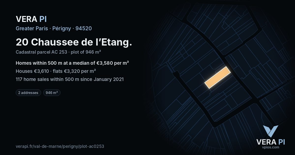 20 Chaussee de l’Etang, Périgny at night – the plot lit, the parcels around coloured by the prices near them