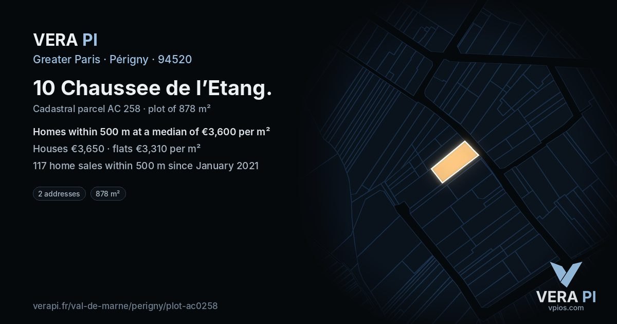 10 Chaussee de l’Etang, Périgny at night – the plot lit, the parcels around coloured by the prices near them