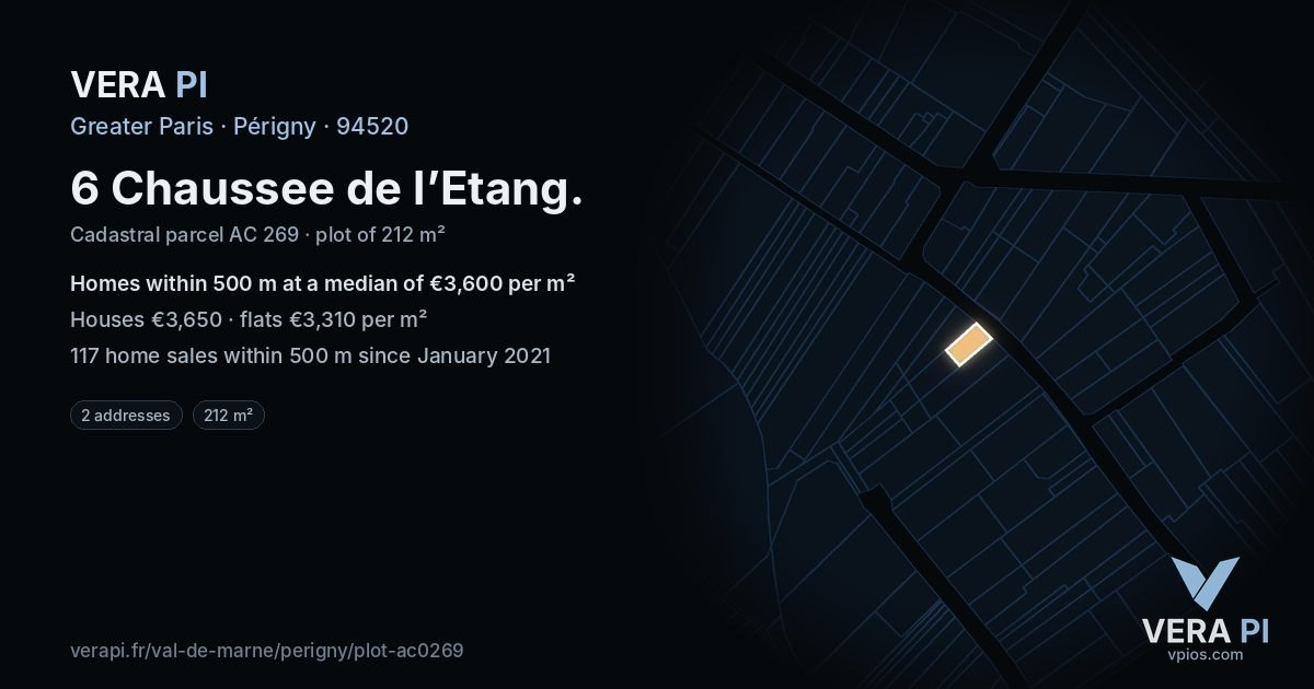 6 Chaussee de l’Etang, Périgny at night – the plot lit, the parcels around coloured by the prices near them