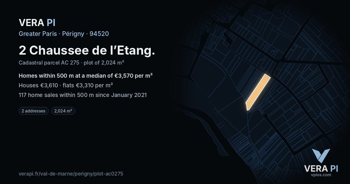 2 Chaussee de l’Etang, Périgny at night – the plot lit, the parcels around coloured by the prices near them