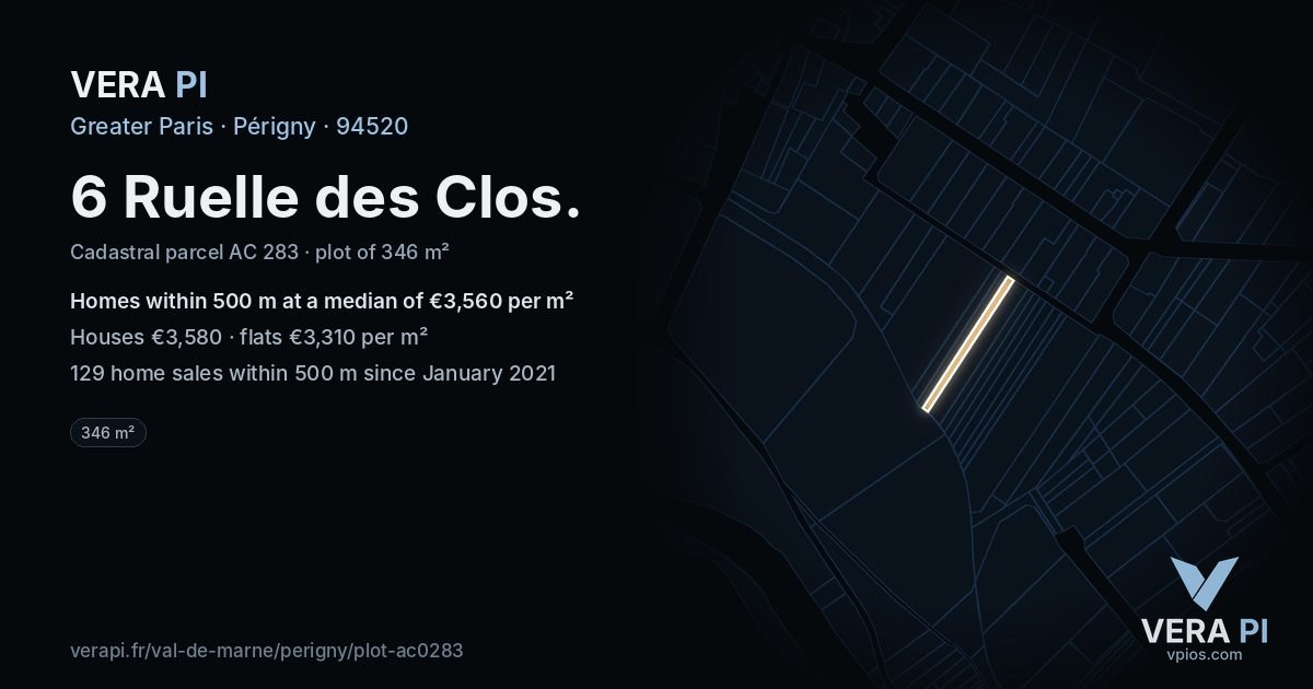 6 Ruelle des Clos, Périgny at night – the plot lit, the parcels around coloured by the prices near them