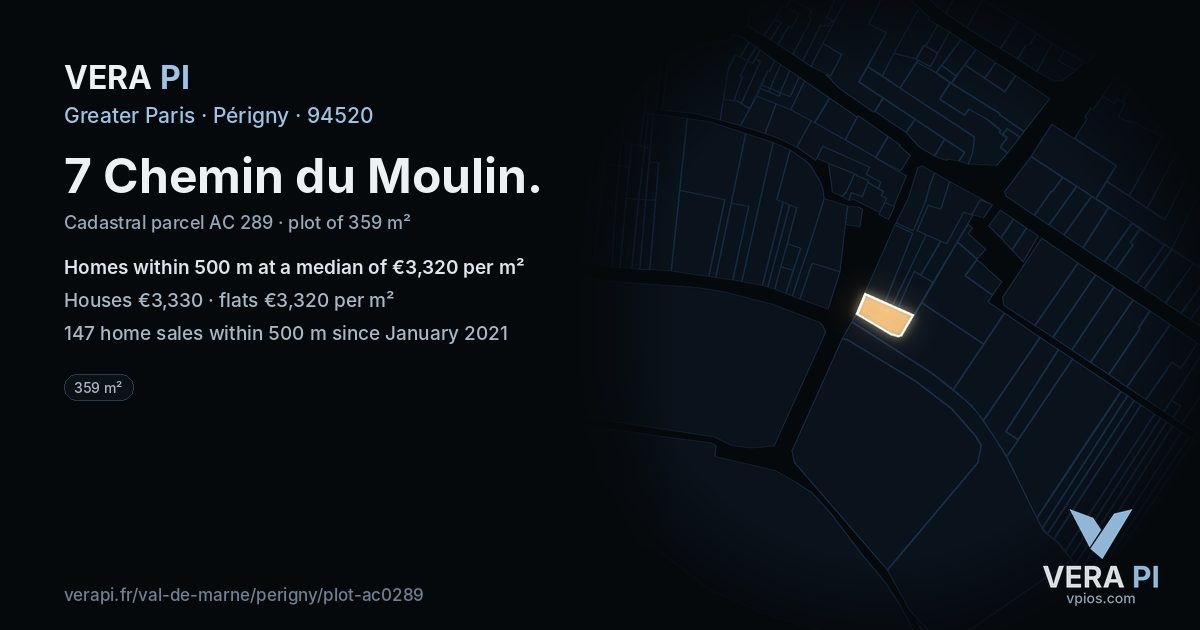 7 Chemin du Moulin, Périgny at night – the plot lit, the parcels around coloured by the prices near them