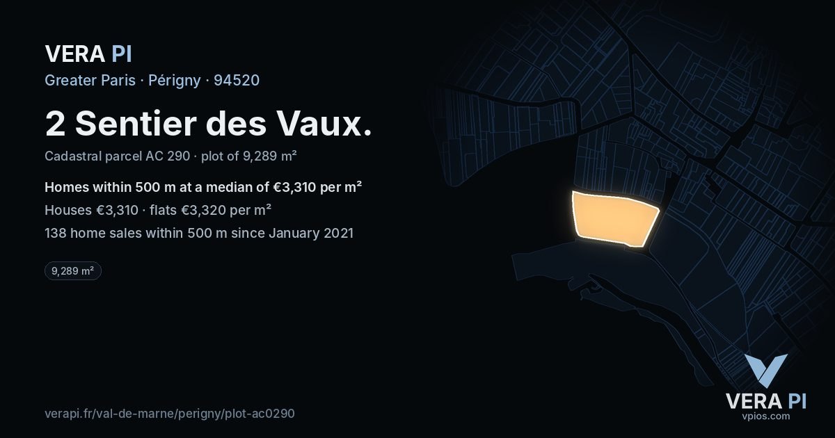 2 Sentier des Vaux, Périgny at night – the plot lit, the parcels around coloured by the prices near them