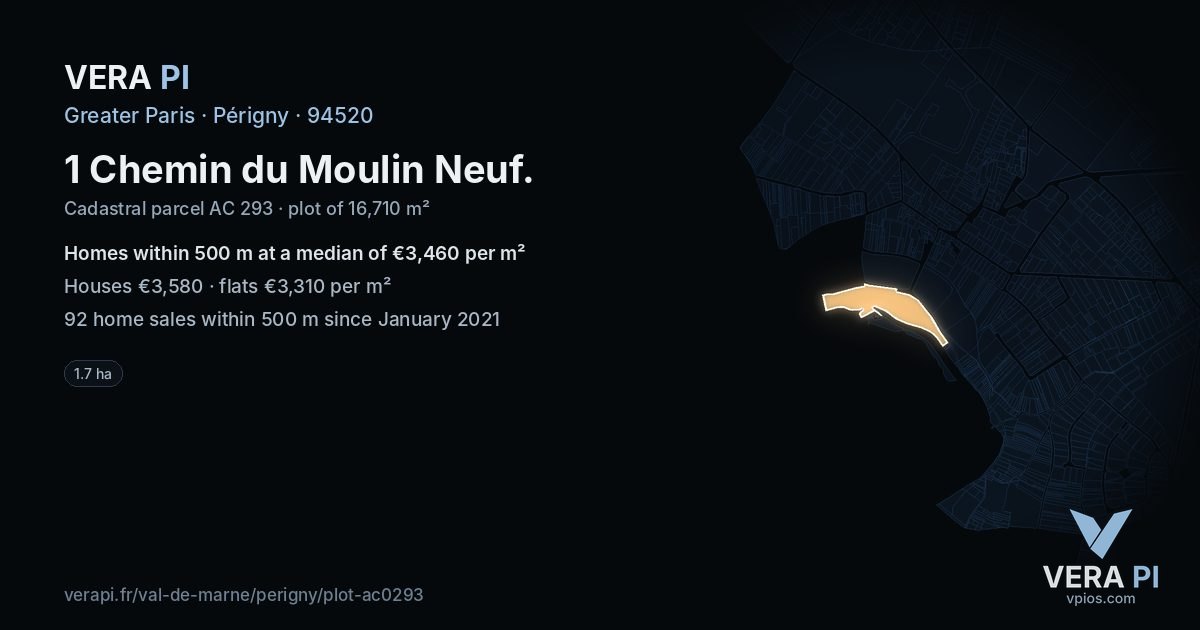 1 Chemin du Moulin Neuf, Périgny at night – the plot lit, the parcels around coloured by the prices near them