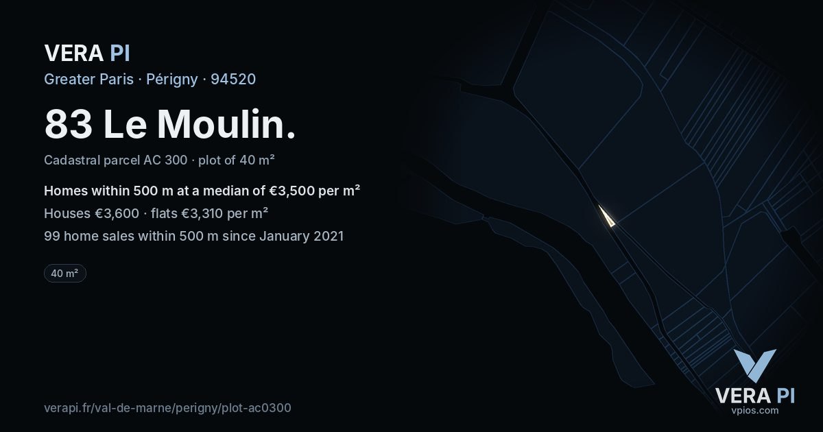 83 Le Moulin, Périgny at night – the plot lit, the parcels around coloured by the prices near them
