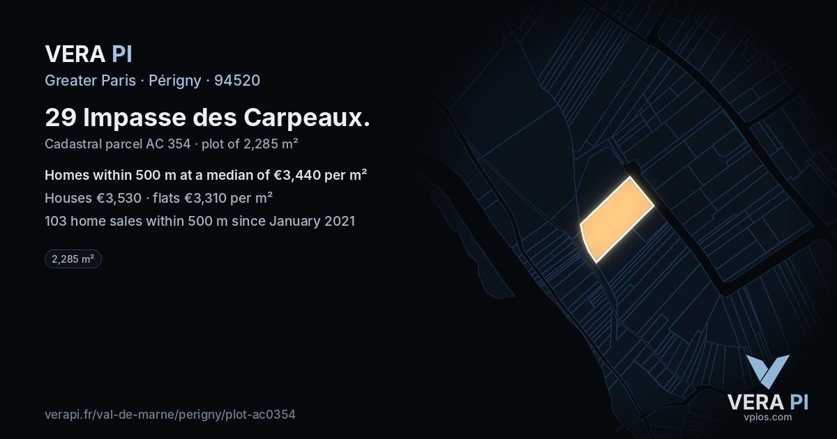 29 Impasse des Carpeaux, Périgny at night – the plot lit, the parcels around coloured by the prices near them
