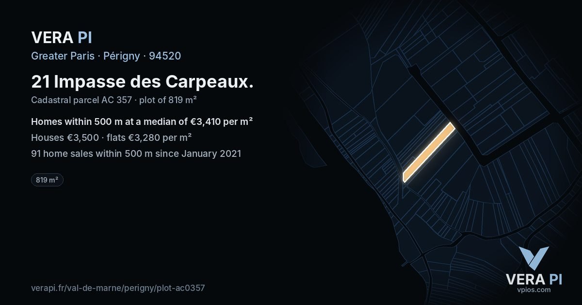 21 Impasse des Carpeaux, Périgny at night – the plot lit, the parcels around coloured by the prices near them