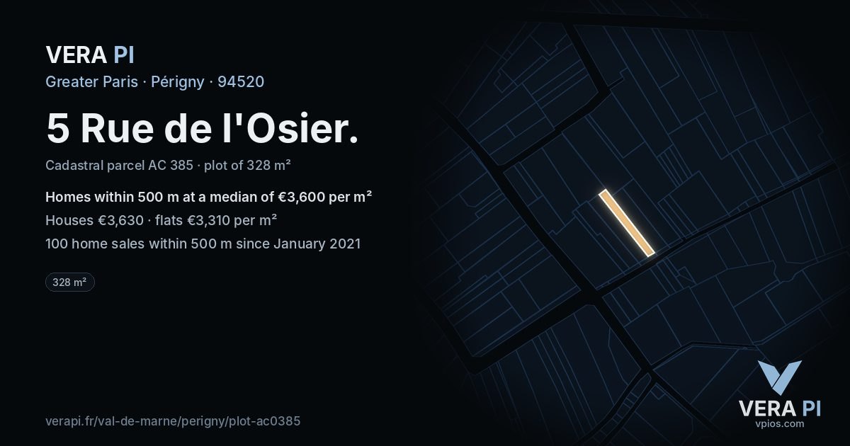 5 Rue de l'Osier, Périgny at night – the plot lit, the parcels around coloured by the prices near them