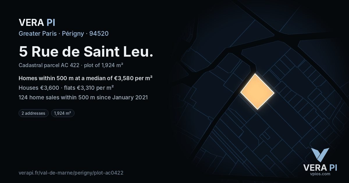 5 Rue de Saint Leu, Périgny at night – the plot lit, the parcels around coloured by the prices near them