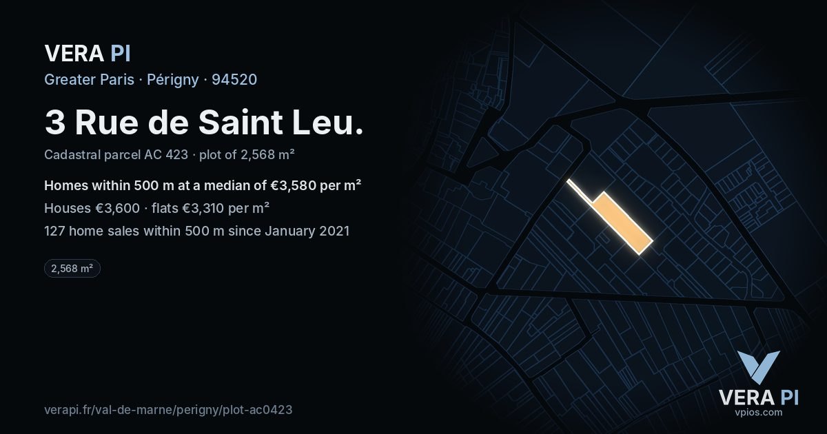 3 Rue de Saint Leu, Périgny at night – the plot lit, the parcels around coloured by the prices near them