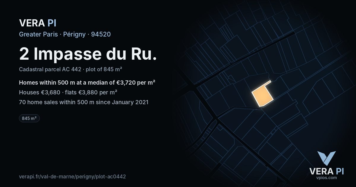 2 Impasse du Ru, Périgny at night – the plot lit, the parcels around coloured by the prices near them