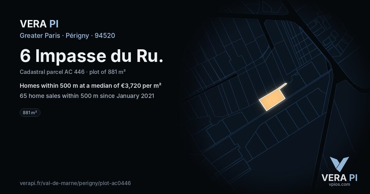 6 Impasse du Ru, Périgny at night – the plot lit, the parcels around coloured by the prices near them