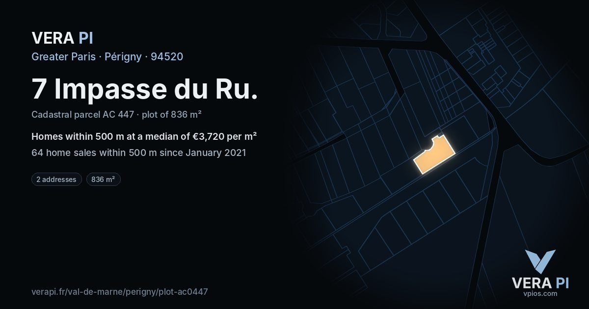 7 Impasse du Ru, Périgny at night – the plot lit, the parcels around coloured by the prices near them