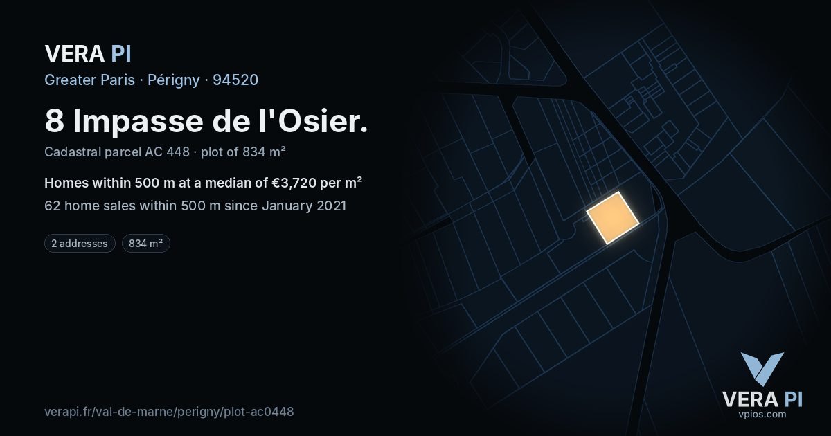 8 Impasse de l'Osier, Périgny at night – the plot lit, the parcels around coloured by the prices near them