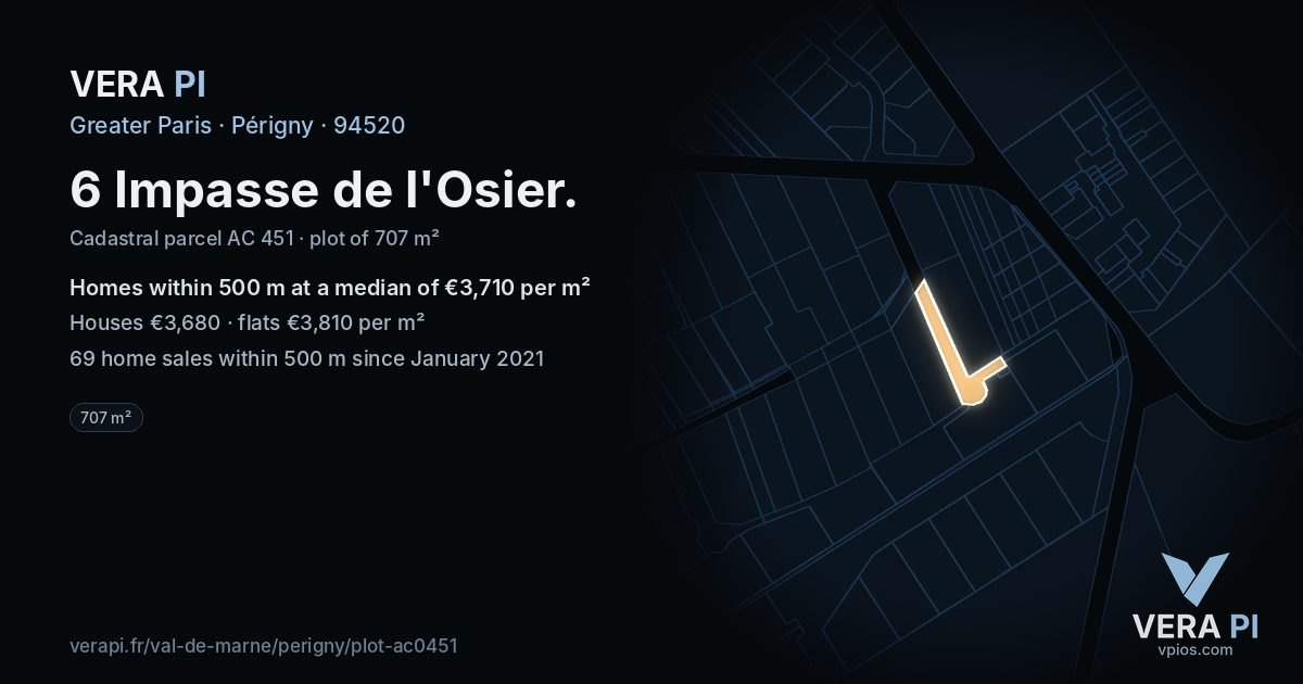 6 Impasse de l'Osier, Périgny at night – the plot lit, the parcels around coloured by the prices near them