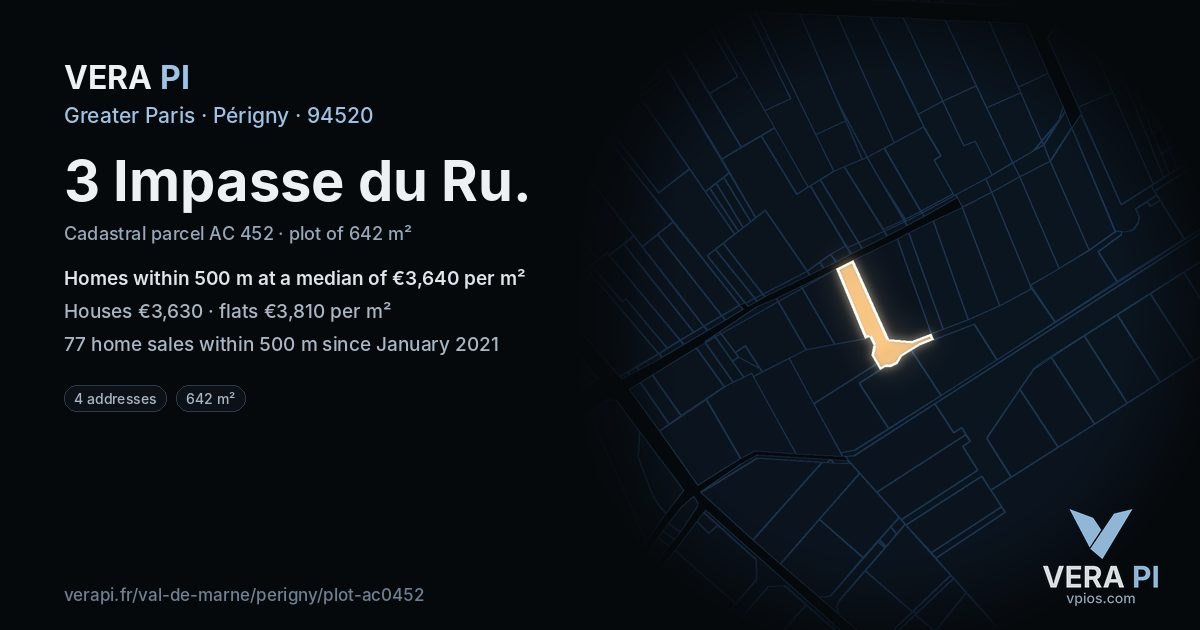 3 Impasse du Ru, Périgny at night – the plot lit, the parcels around coloured by the prices near them