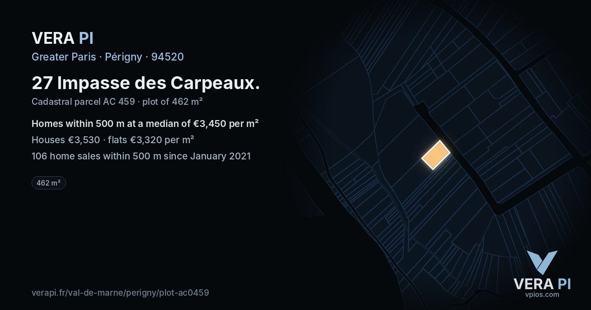 27 Impasse des Carpeaux, Périgny at night – the plot lit, the parcels around coloured by the prices near them