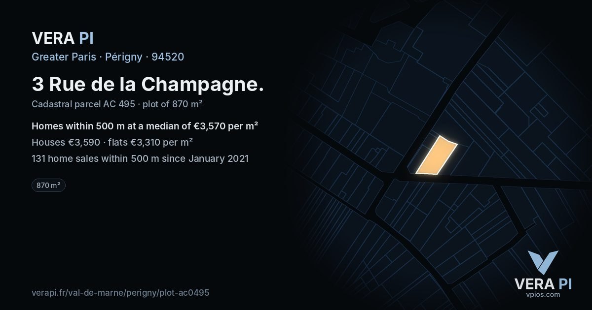 3 Rue de la Champagne, Périgny at night – the plot lit, the parcels around coloured by the prices near them