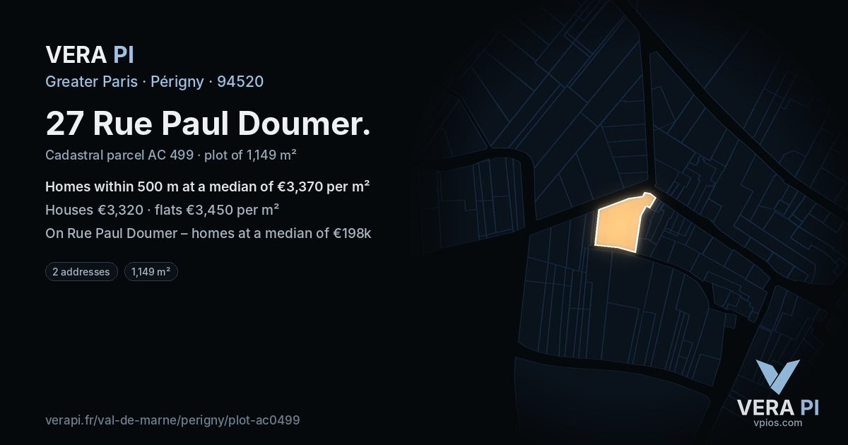 27 Rue Paul Doumer, Périgny at night – the plot lit, the parcels around coloured by the prices near them