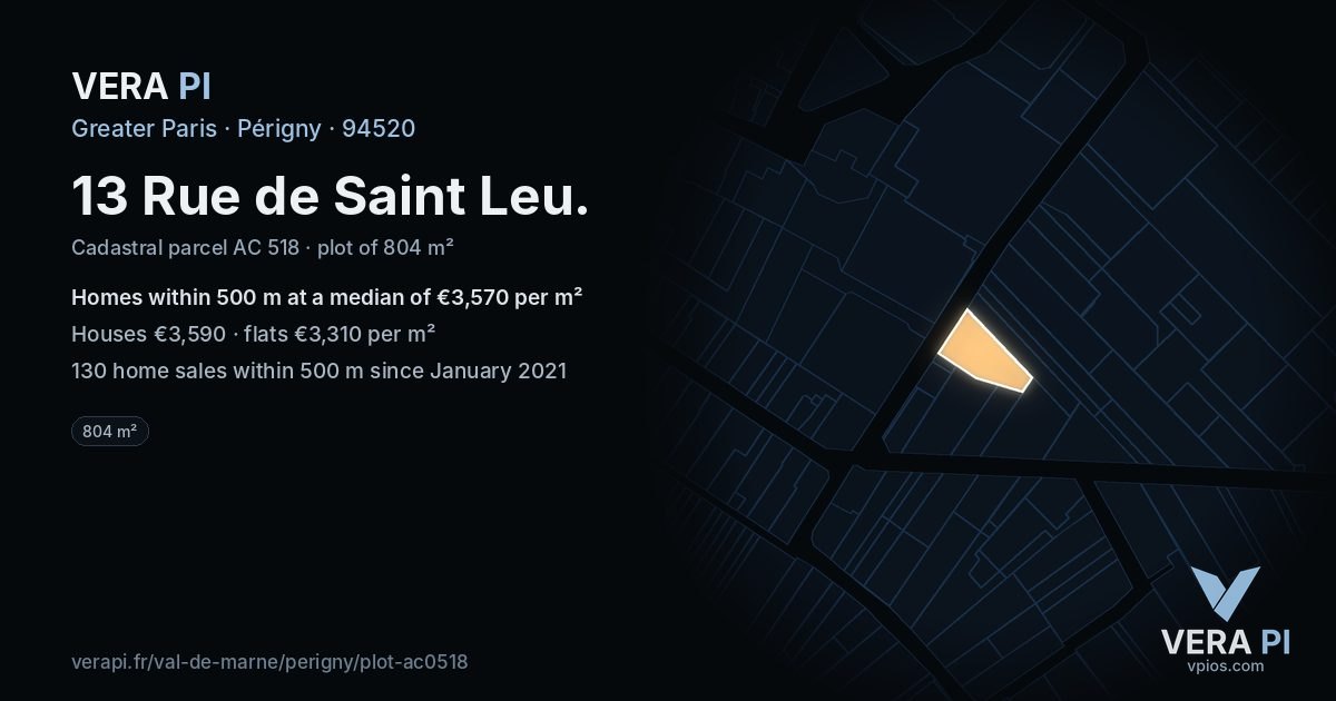 13 Rue de Saint Leu, Périgny at night – the plot lit, the parcels around coloured by the prices near them