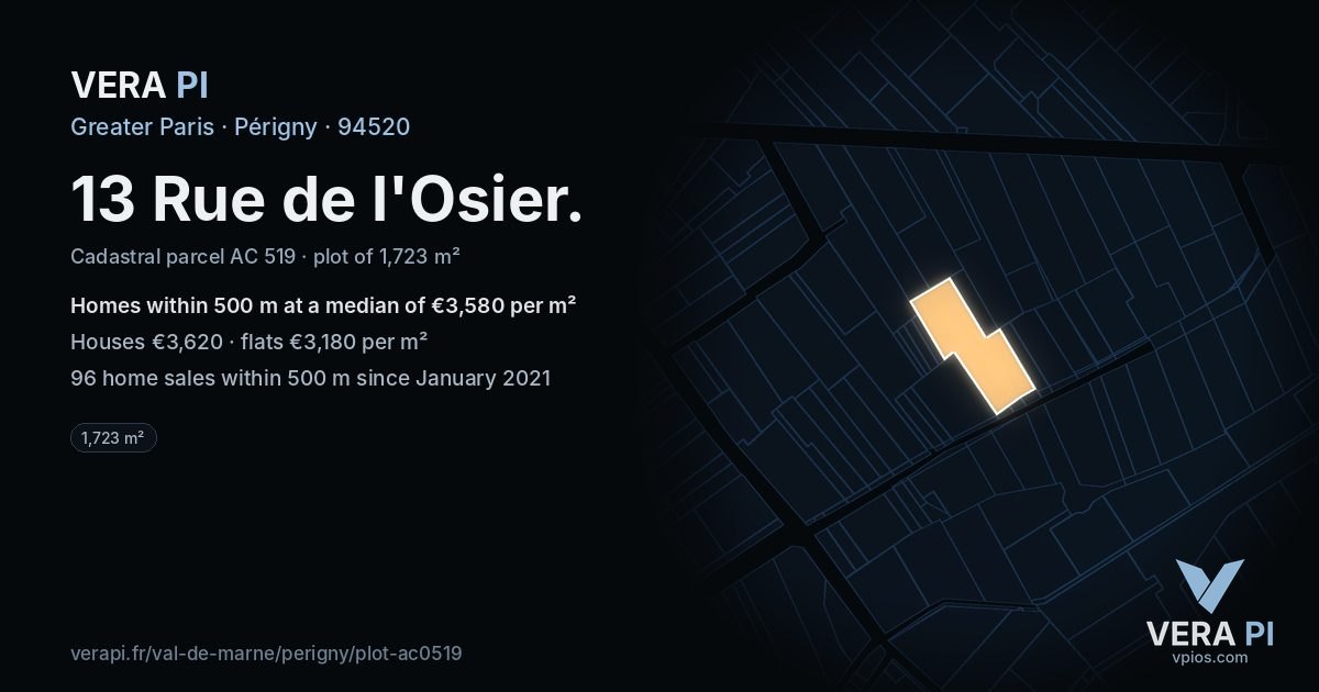 13 Rue de l'Osier, Périgny at night – the plot lit, the parcels around coloured by the prices near them