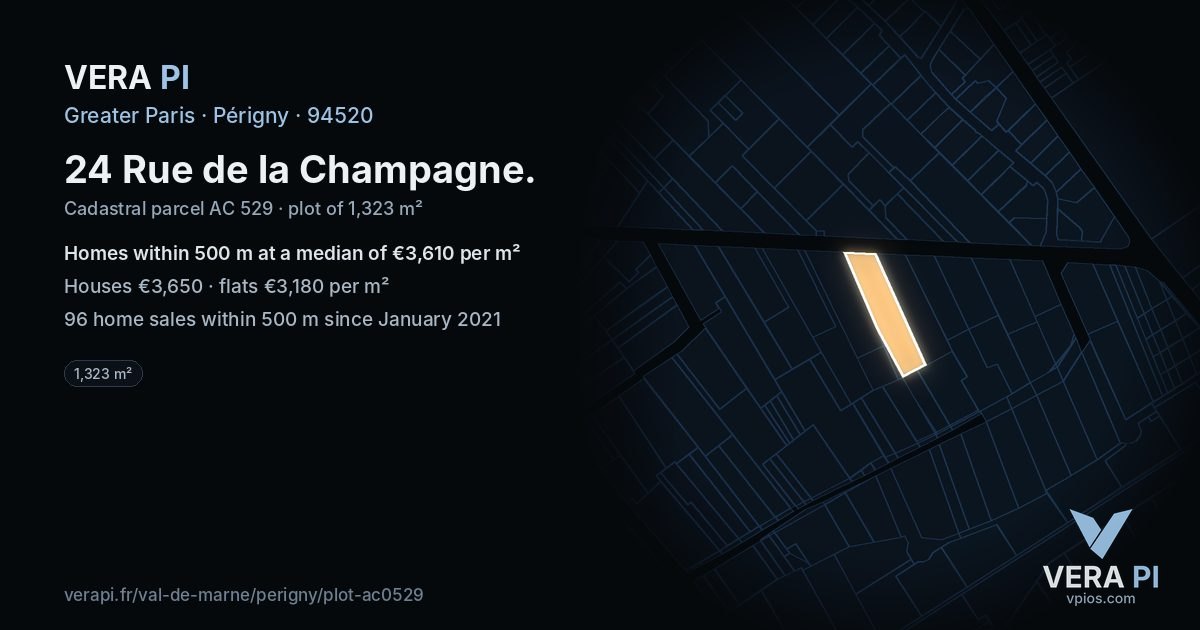 24 Rue de la Champagne, Périgny at night – the plot lit, the parcels around coloured by the prices near them