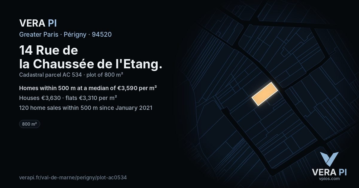 14 Rue de la Chaussée de l'Etang, Périgny at night – the plot lit, the parcels around coloured by the prices near them