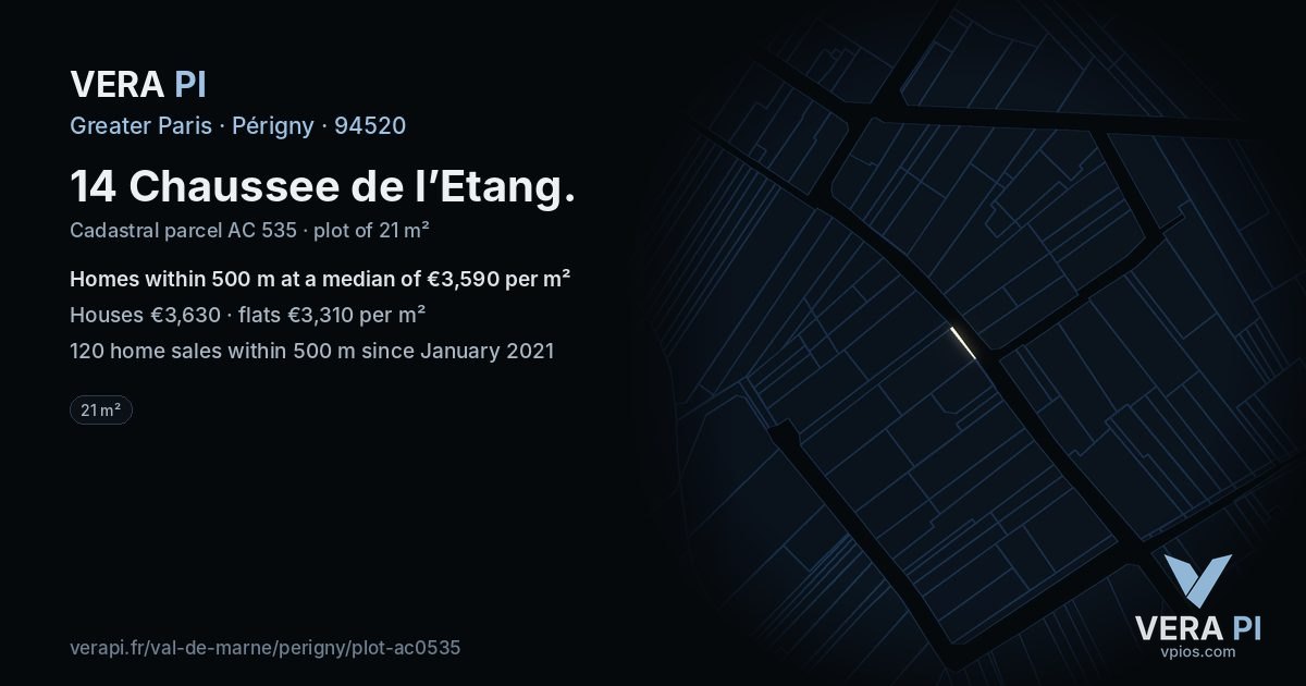 14 Chaussee de l’Etang, Périgny at night – the plot lit, the parcels around coloured by the prices near them
