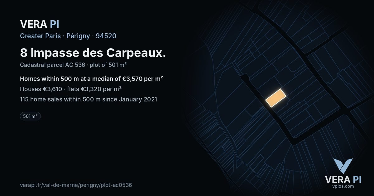 8 Impasse des Carpeaux, Périgny at night – the plot lit, the parcels around coloured by the prices near them
