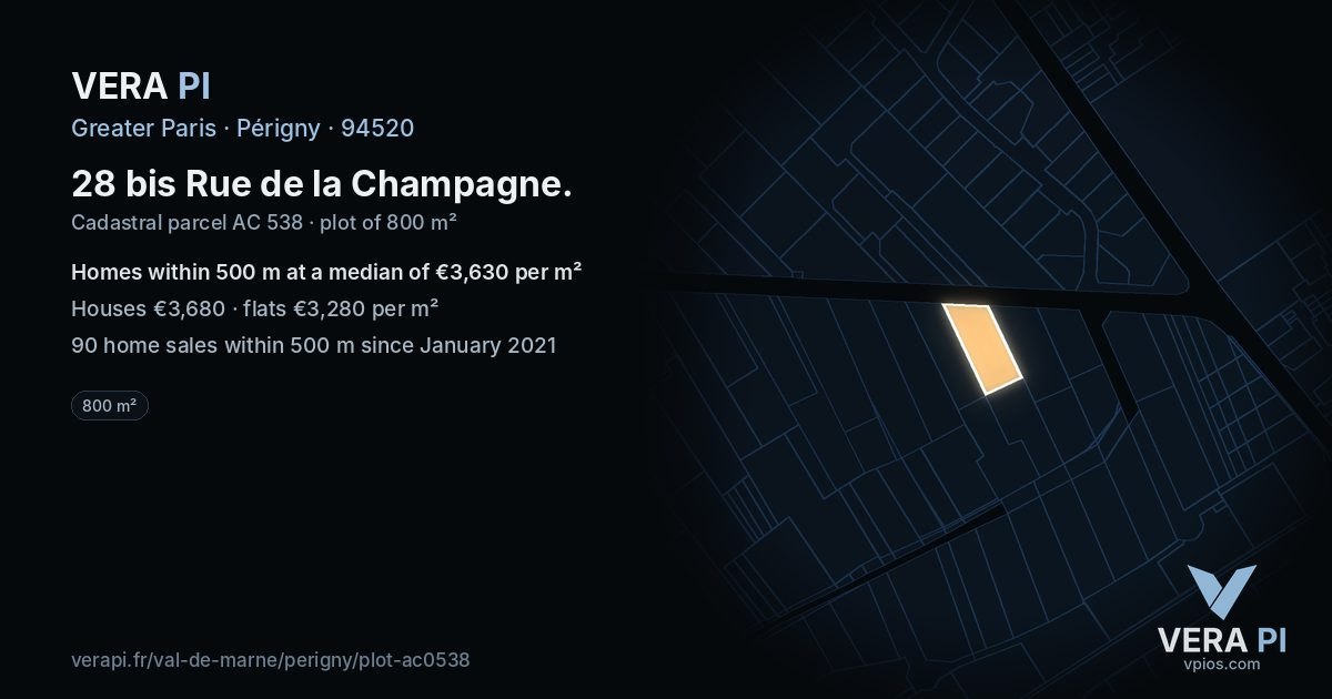 28 bis Rue de la Champagne, Périgny at night – the plot lit, the parcels around coloured by the prices near them