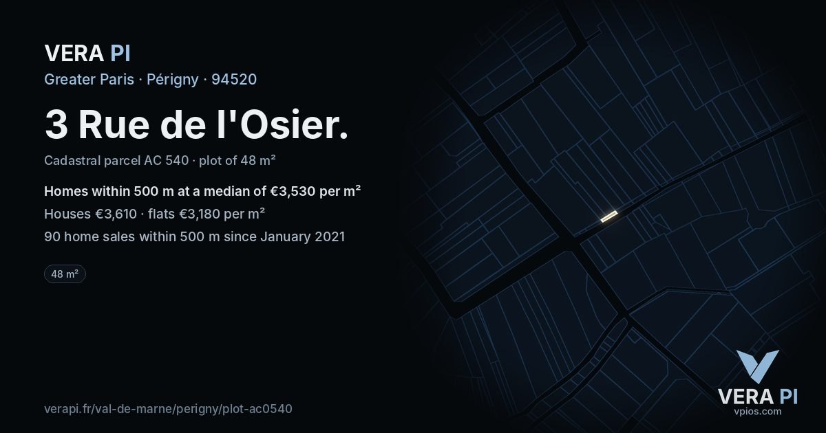 3 Rue de l'Osier, Périgny at night – the plot lit, the parcels around coloured by the prices near them