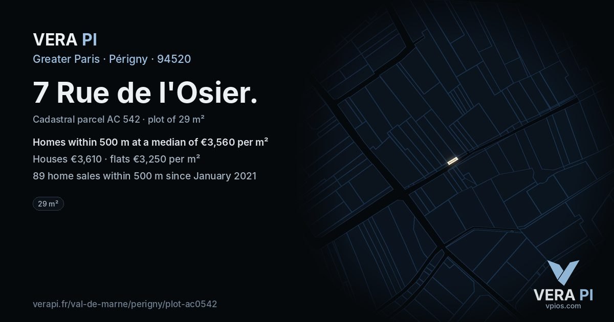 7 Rue de l'Osier, Périgny at night – the plot lit, the parcels around coloured by the prices near them