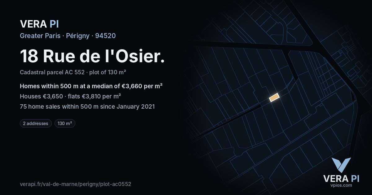 18 Rue de l'Osier, Périgny at night – the plot lit, the parcels around coloured by the prices near them