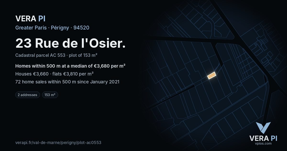 23 Rue de l'Osier, Périgny at night – the plot lit, the parcels around coloured by the prices near them