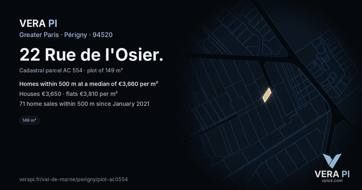 22 Rue de l'Osier, Périgny at night – the plot lit, the parcels around coloured by the prices near them