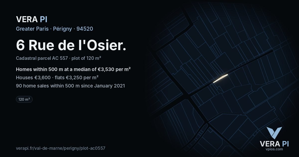 6 Rue de l'Osier, Périgny at night – the plot lit, the parcels around coloured by the prices near them