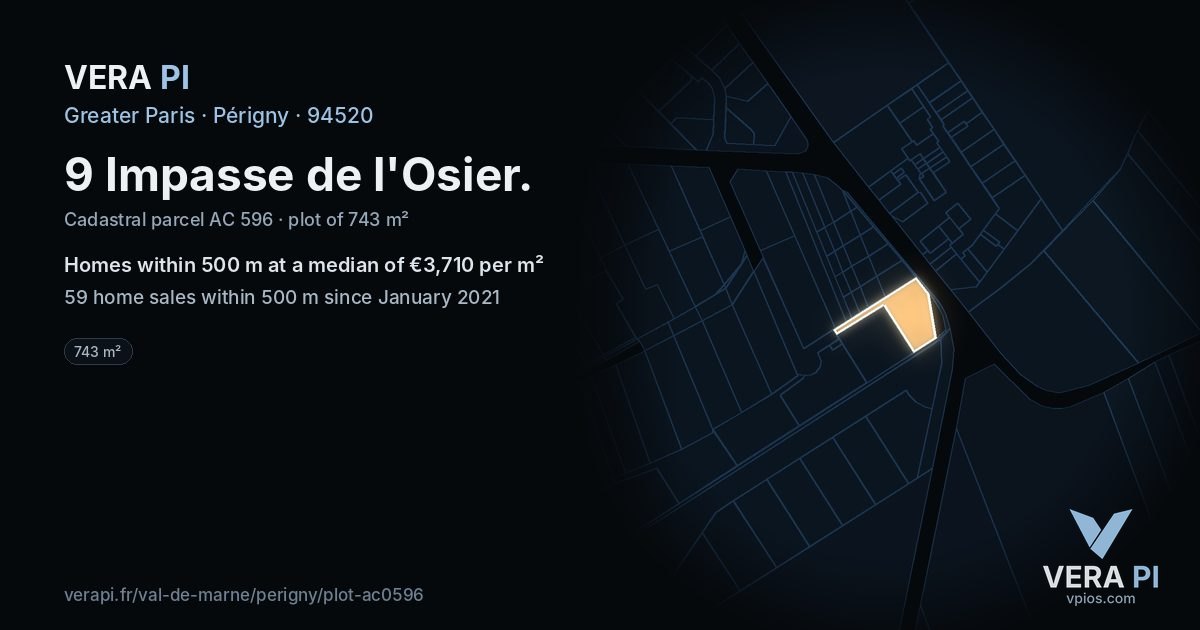9 Impasse de l'Osier, Périgny at night – the plot lit, the parcels around coloured by the prices near them