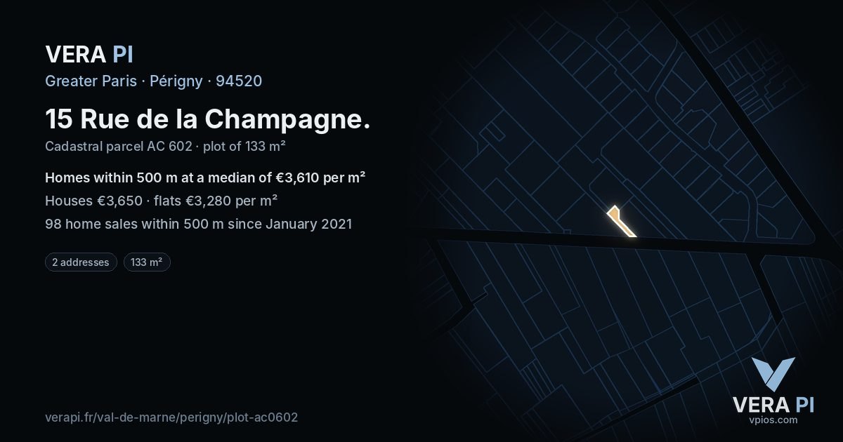 15 Rue de la Champagne, Périgny at night – the plot lit, the parcels around coloured by the prices near them