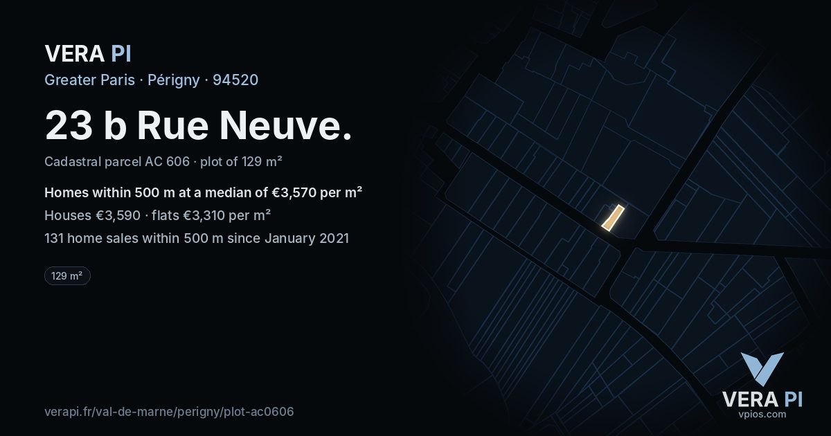23 b Rue Neuve, Périgny at night – the plot lit, the parcels around coloured by the prices near them